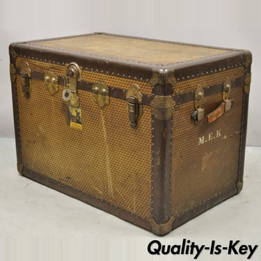 Antique Belber Traveling Goods Brown Monogram Print Hard Case Steamer Trunk