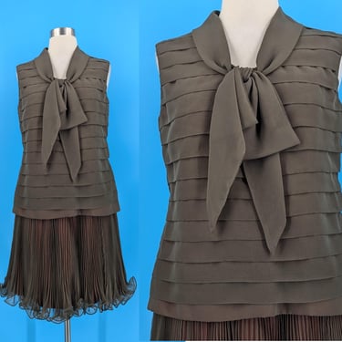 Vintage 70s Jack Bryan Dupuis Sleeveless Dress - Seventies Brown Lettuce Hem Dress with Pussy Bow - Medium 