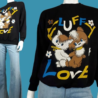 1960s/70s puppy kitten sweatshirt. Cutest EVER! Fluffy Love sweet hugs groovy flower power kitschy mod. Black blue yellow. (S/M/L) 