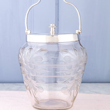 Antique Engraved Glass &amp; Silverplate Biscuit Barrel