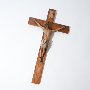Oak Crucifix, 20" Wall Mount, Carved Wood Jesus, Excellent Quality, Vintage, Circa 1950s 