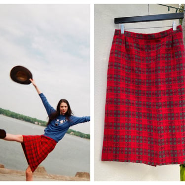 Vintage Pencil Skirt / 1960's Red Plaid Wool Skirt / Sexy Secretary CEO Hourglass Skirt / Sixties Skirt / Wiggle Dress Skirt 