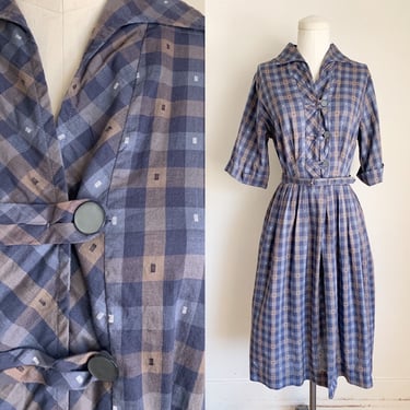 Vintage 1950s Gray Check Belted Dress / M 