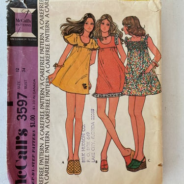 70's Vintage McCall's 3597, Size 12, Baby Doll Dress 1973, Summer Dress, 70's Fashions, Sewing Pattern, Used And Complete 