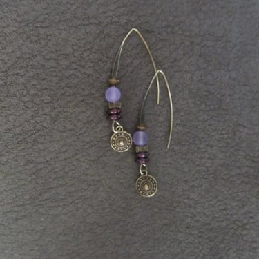 Sea glass earrings, bohemian earrings, bronze boho earrings, purple dangle earrings, artisan ethnic earring, simple chic earrings 