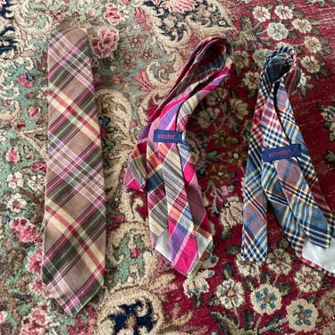 Lot of 3 vintage ‘80s India madras neckties, Rooster tie, all cotton bleeding madras, preppy summer necktie 