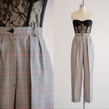 high waisted pants 80s 90s vintage black white houndstooth checkered plaid dark academia wool trousers 