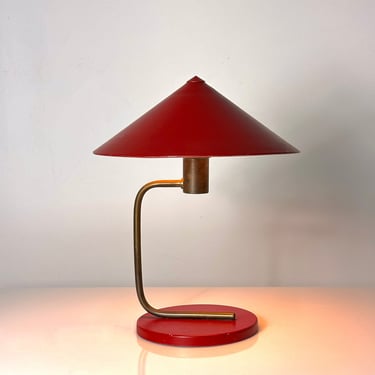 Vintage Walter Von Nessen Red Aluminum and Brass Canopy Table Lamp Art Deco 1930s 