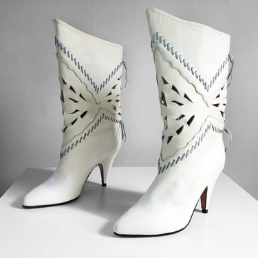 Vintage 1980s RODEO DRIVE Di Fiori white high heel boots | hand made designer Italian boots, new old stock, 8B 