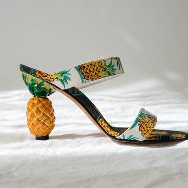 Vintage ANDREA PFISTER COUTURE Pineapple Sandals w/ Decorative Pineapple Fruit Heel | Made in Italy | Size 38/8 | 2000s Y2K Designer Shoes 