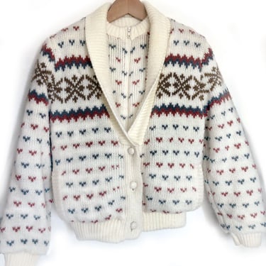1970's Knit JACKET, Ski Winter Sweater Coat, Warm Zip Front Norwegian style Print 1980's vintage Hippie boho 