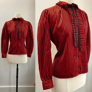 Vintage 80s Tuxedo Blouse / AWNING Stripe in Red + Black / RUFFLE Collar + PUFF Shoulder + Jet Buttons 