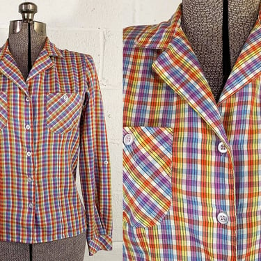 Vintage Huck-A-Poo Rainbow Plaid Button Front Shirt Blue Red Yellow Purple Long Sleeve Small Medium 1970s 