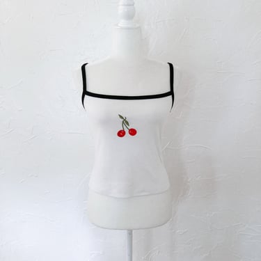 90s Embroidered Cherry Black and White Ringer Tank Top | Medium/Large 