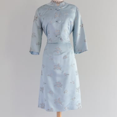 Elegant 1960's Embroidered Pale Blue Satin Wiggle Dress &amp; Jacket / ML