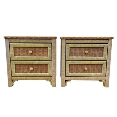 Set of 2 Henry Link Wicker Nightstands FREE SHIPPING - Vintage Rattan Coastal Furniture Pair 