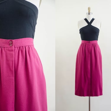 pink wool midi skirt | 80s 90s vintage Evan Picone fuchsia raspberry dark academia librarian long wool skirt 