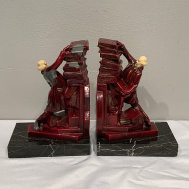 Antique Bookends Man Stacking Books JB Hirsch, scholarly desk decor, home library decor, marble bookend, red bookshelf decor 