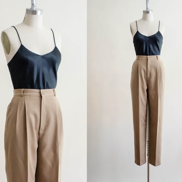 high waisted pants | 80s 90s vintage ight brown tan wool dark academia straight leg trousers 