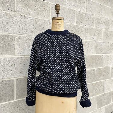 Vintage Sweater Retro 1990s LL Bean + Birds Eye + Norwegian Wool +Heritage + Fisherman Sweater + Pullover + Blue and White + Size Medium 