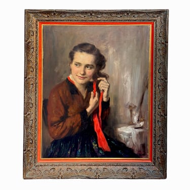 Oil on Canvas Portrait of Young Woman by R. Molnár