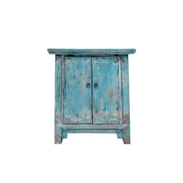 Distressed Pastel Blue Stone Top Doors Flared Legs End Table Nightstand ws4491E 