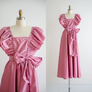 pink party dress 80s vintage bubblegum pink taffeta ruffled off shoulder formal gown 