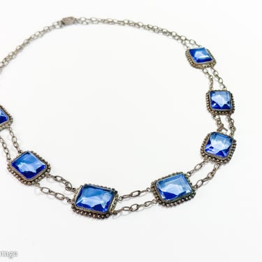 1900s Blue Glass Rectangles Necklace | 1910s Edwardian Blue Glass Filigree Necklace 