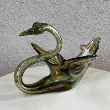 Vintage pulled glass art swan bowl brown yellow greens tones size 11” x 12” x 7” 