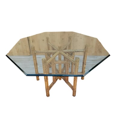 Vintage Coastal McGuire Rattan and Bamboo Octagon Glass Top Dining Table