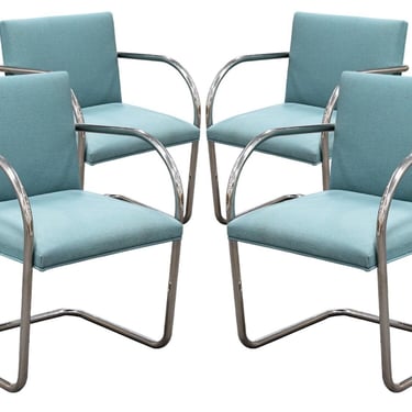 Thonet Set of 4 Tubular Steel Cantilever Modern Chairs Teal Upholstery Seating 