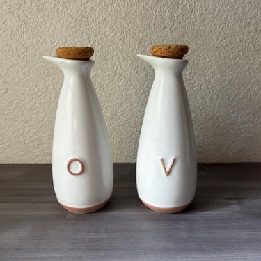 Vintage Dansk Villa White Ceramic Oil & Vinegar Cruet Set, Terracotta Brown and White Glazed 