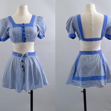 1940s Blue Stripe 2-Piece Playsuit Set – Cotton Skirt & Crop Top with Knit Lined Shorts – Button Front –. Size Small 