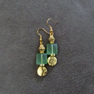 Gold and green frosted glass earrings 