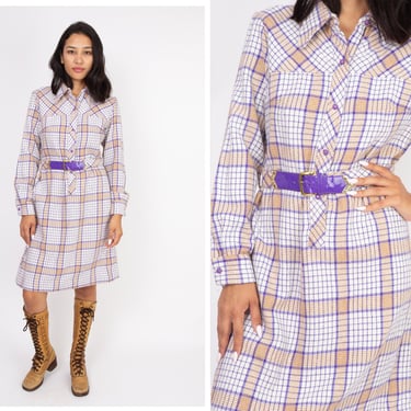Vintage 1960s 60s Purple Checkered Shift Style Full Length Sleeve Button Up Shirt Dress w/ Matching Purple  Vinyl Belt 