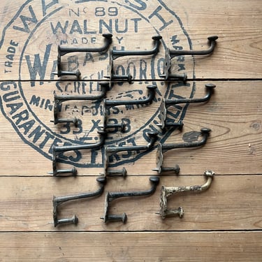 Set of 12 Antique Cast Iron Nailback Salvaged Coat Hooks 