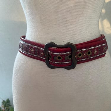 Vintage Ruby red belt faux leather Egyptian theme print fits 31-34” 