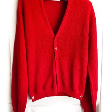 Mens 1950's LARGE Red Alpaca Wool Cardigan Sweater, Pebble Beach, Mid Century 1960s Vintage Knit Rockabilly Jacket 