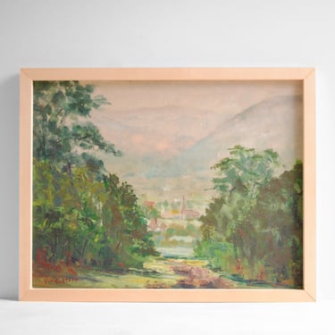 Vintage Landscape Oil Painting, Impressionist Style Landscape Painting of Trees and a Village 