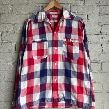 Med, Vintage 1950s 'New Yorker' Cotton Loop Collar Shirt, Red White Blue 