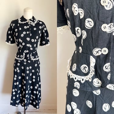Vintage 1930s Black & White Button Novelty Print Dress set / XS 