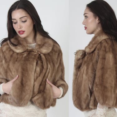 60s Natural Brown Mink Fur Capelet / Real Autumn Haze Cape / Vintage Huge Draped Shawl Collar / Womens Cropped Lined Shrug 