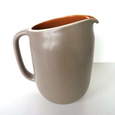 Heath Ceramics Pitcher In Persimmon and French Grey, Edith Heath Coupe Line Water Pitcher, Modernist Ceramic Dishes 