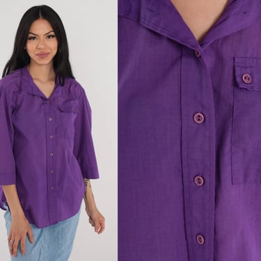 Purple Blouse 90s Button Up Top Retro Preppy Collared Shirt Plain 3/4 Puff Sleeve Simple Basic Chest Pocket Vintage 1990s Medium M 