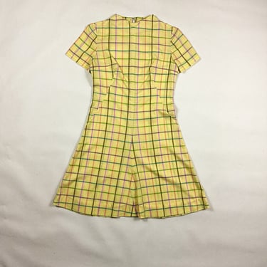 1960s Yellow Rainbow Plaid Print A Line Line Dress / Short Sleeve / Pastel / Sheer / Mod / Scooter / Go Go / Brady / Psychedelic / M / 
