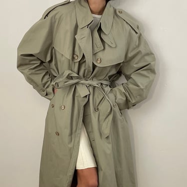 80s trench coat / vintage cotton khaki belted double breast oversized epaulettes spy all season trench coat  | Extra Large 