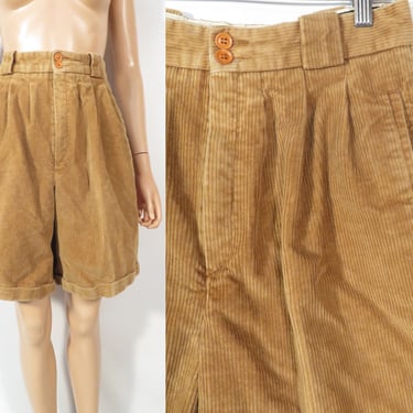 Vintage 80s High Waist Pleat Front Khaki Corduroy Rolled Hem Trouser Shorts Size 27/28 Waist 