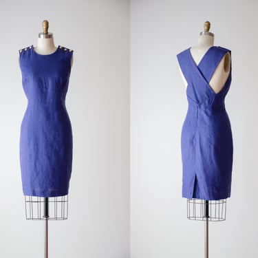 blue linen dress | 80s 90s vintage Liz Claiborne cross back pinafore dress short mini dress 