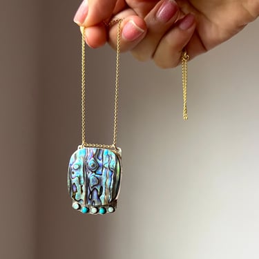 Handmade Abalone pendant in 14k goldfill with sleeping beauty turquoise and opals sculptural artistic pendant statement necklace 