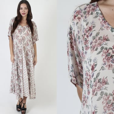 Oversized 90s Romantic Floral Dress / Vintage Gypsy Pull Over Grunge Maxi / Babydoll Full Skirt Cream Transparent Material 